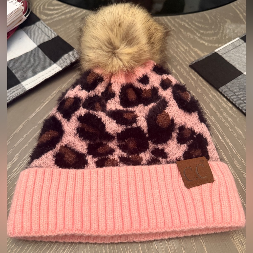 C.C Leopard Print Beanie with Pom Pom